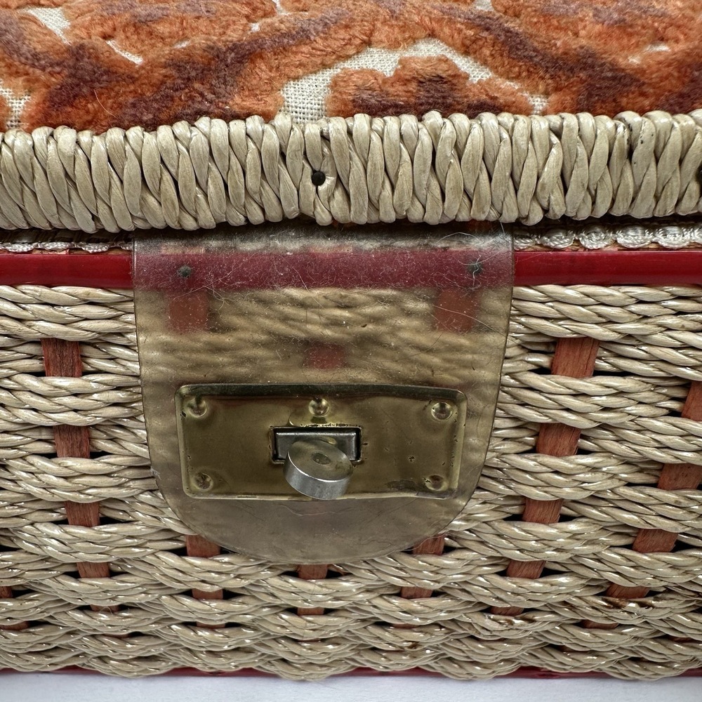 Vtg Japan Woven Wicker Sewing Basket Box Chenille Floral Lid Brass Latch - Picture 7 of 16